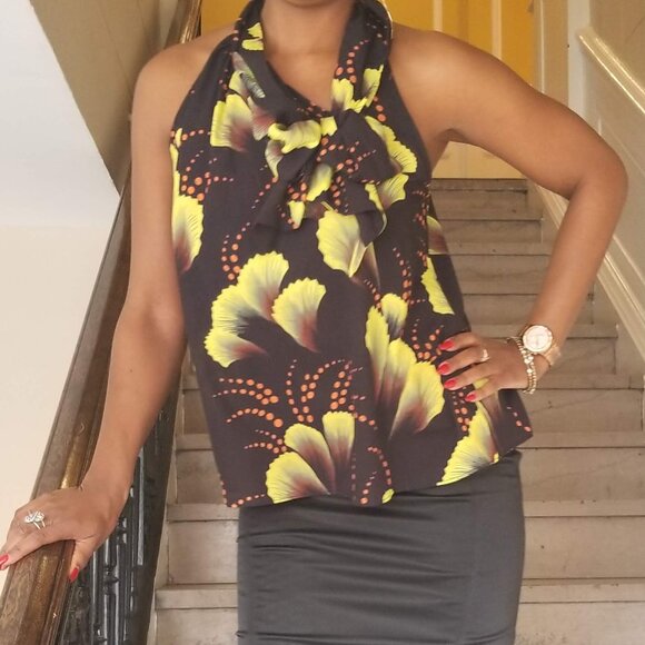 Kosmios Floral Black and Yellow halter top - Picture 1 of 7